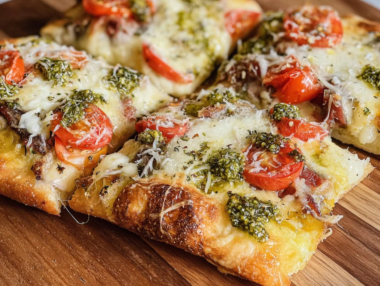 Delicious Pesto Chicken Pizza topped with fresh basil and grilled chicken