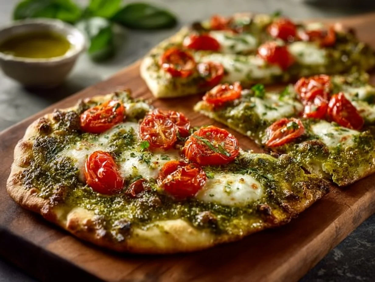 Pesto Flatbread Pizza: A Simple and Flavorful Delight Delicious Pesto Flatbread Pizza topped with fresh ingredients and herbs.