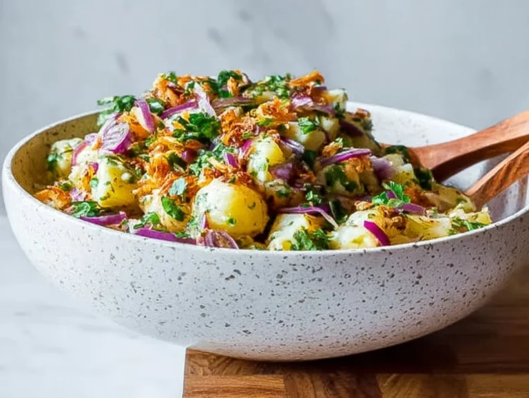 Turkish potato salad garnished with fresh herbs and vegetables