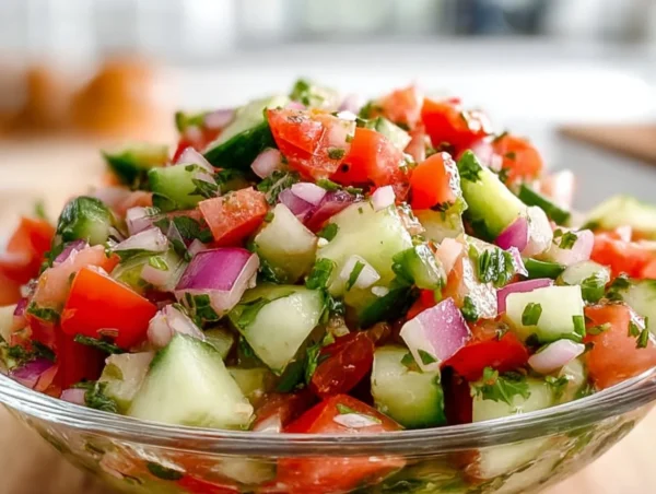Quick Italian Cucumber Salad with fresh cucumbers and herbs in a bowl