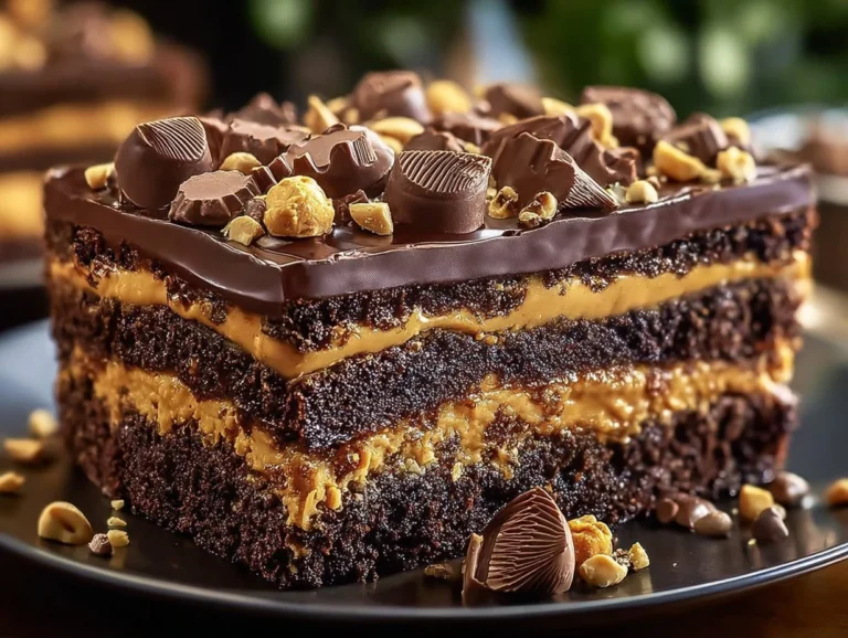 Delicious Reese's Peanut Butter Earthquake Cake with rich chocolate and peanut butter flavor.