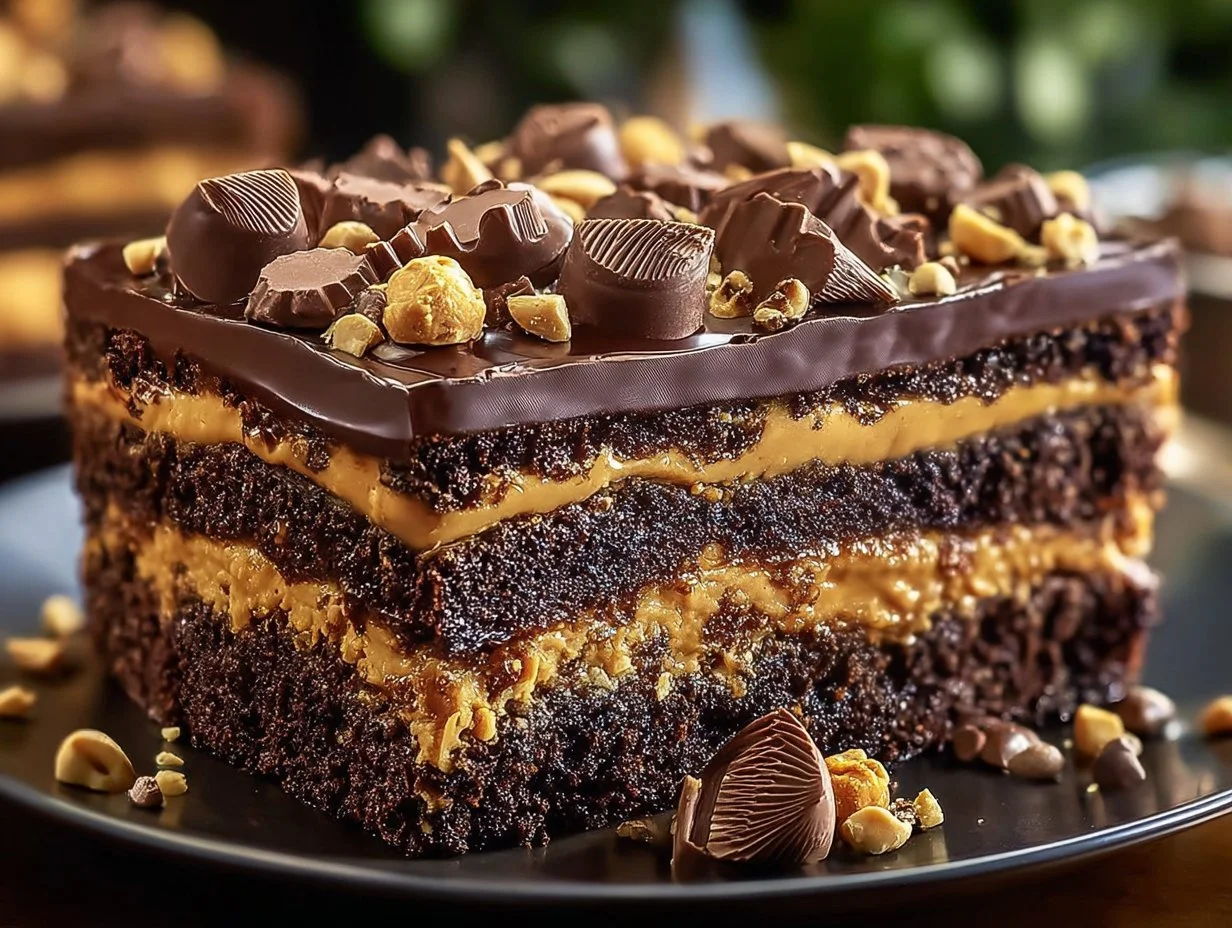 Delicious Reese's Peanut Butter Earthquake Cake with rich chocolate and peanut butter flavor.