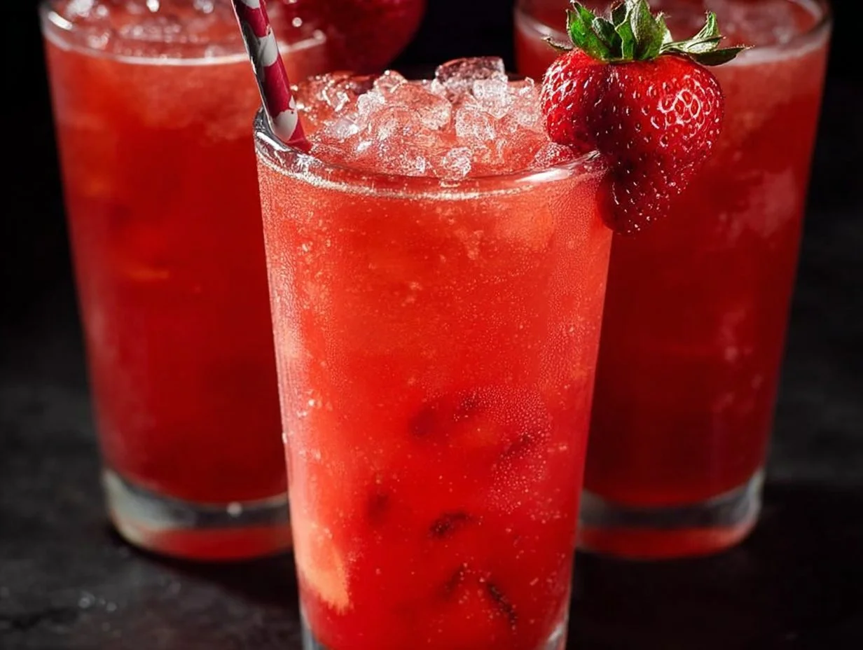 A glass of refreshing vanilla strawberry iced tea with ice and fresh fruit garnish.