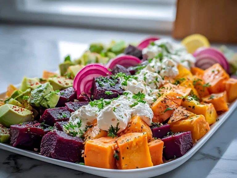 Roasted beet salad with sweet potato, avocado, and whipped ricotta drizzled with lemon-tahini.