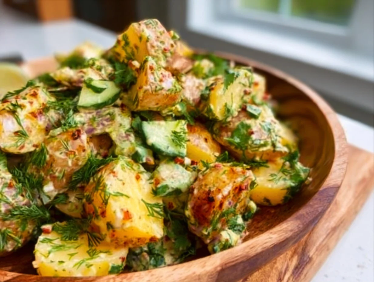 A colorful bowl of roasted potato salad with herbs and spices, ready to serve.