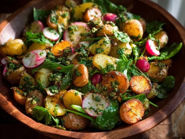 Roasted potato salad with spring onions and radishes in a bowl