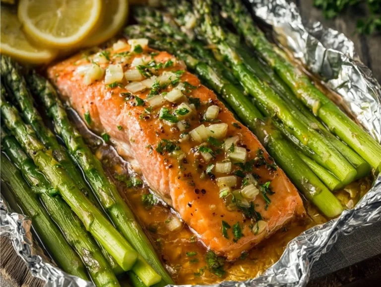 Salmon and asparagus foil packs with garlic lemon butter sauce