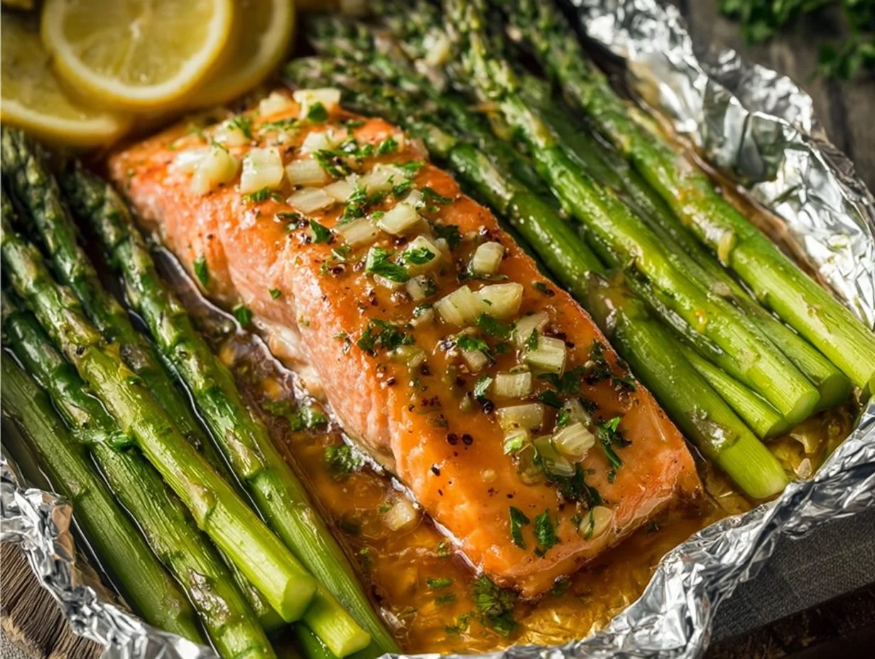 Salmon and Asparagus Foil Packs with Garlic Lemon Butter Sauce: A Flavorful Delight for Your Next Gathering Salmon and asparagus foil packs with garlic lemon butter sauce