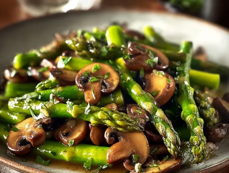 Plate of sautéed asparagus with mushrooms and garlic