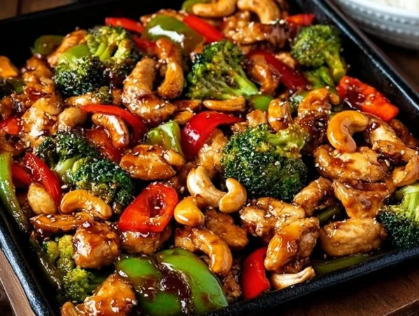 Delicious sheet pan cashew chicken served with vegetables