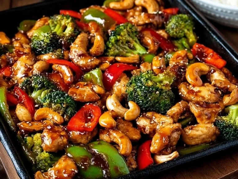 Delicious sheet pan cashew chicken served with vegetables