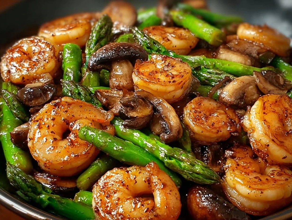 Shrimp stir-fry with asparagus and mushrooms served in a bowl.