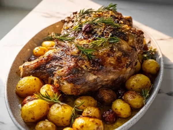 Slow Roasted Greek Lamb and Potatoes: A Flavorful Delight Slow roasted Greek lamb with seasoned potatoes on a rustic platter.