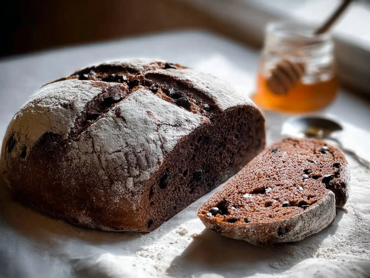 Freshly baked sourdough chocolate bread with decadent chocolate swirls