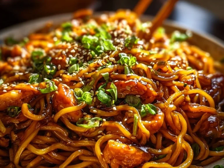 Plate of sticky garlic chicken noodles garnished with green onions.
