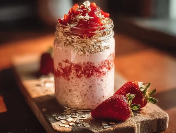 Bowl of Strawberries and Cream Overnight Oats topped with fresh strawberries