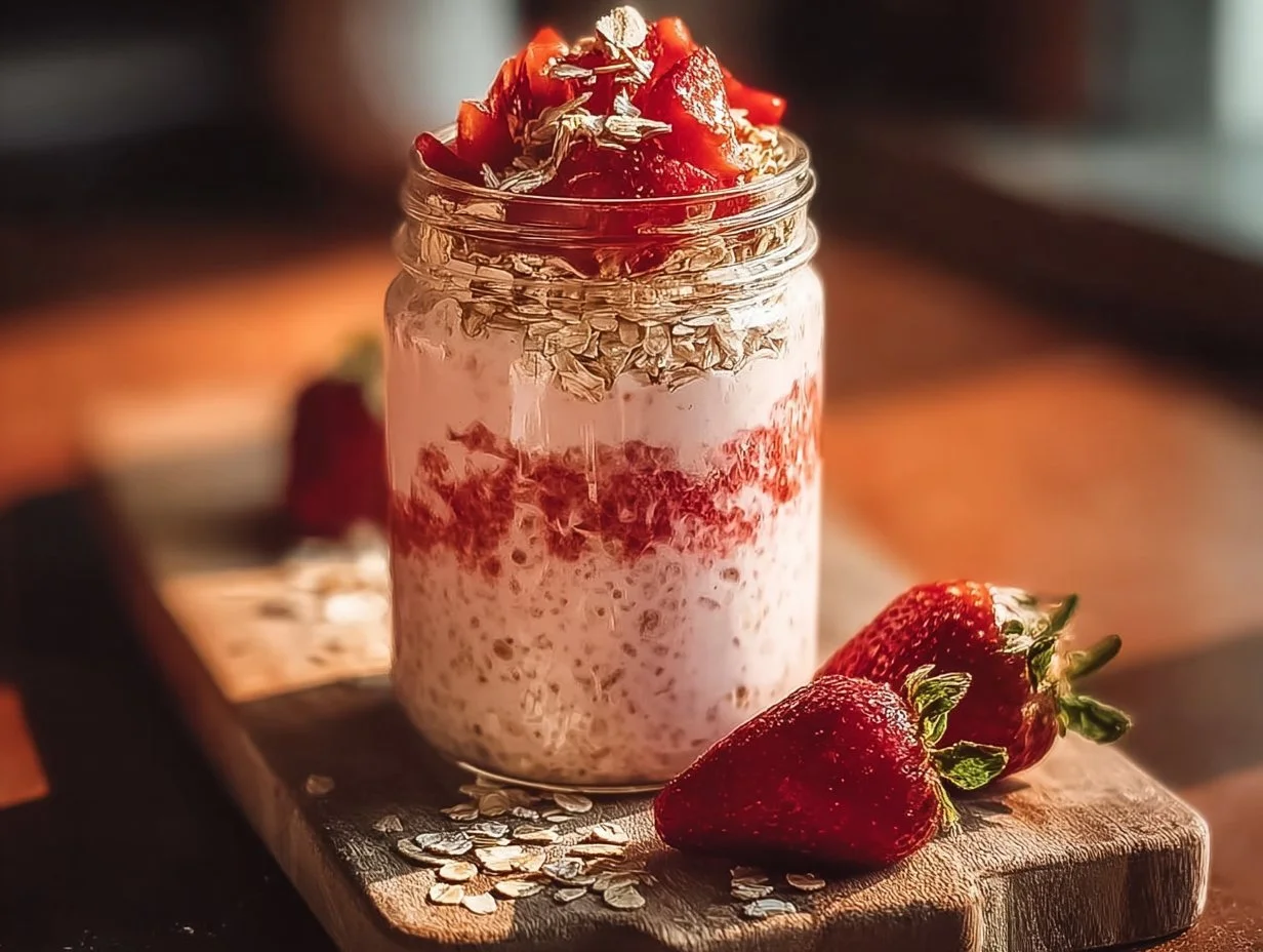 Bowl of Strawberries and Cream Overnight Oats topped with fresh strawberries
