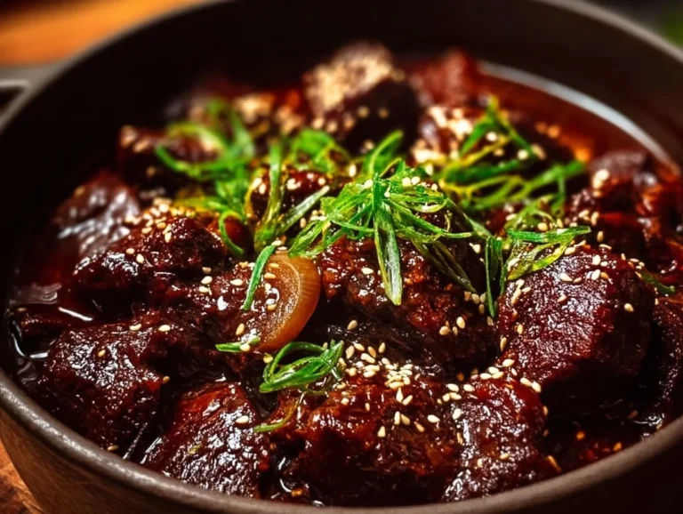 A beautifully plated Korean Pot Roast garnished with herbs and served with vegetables