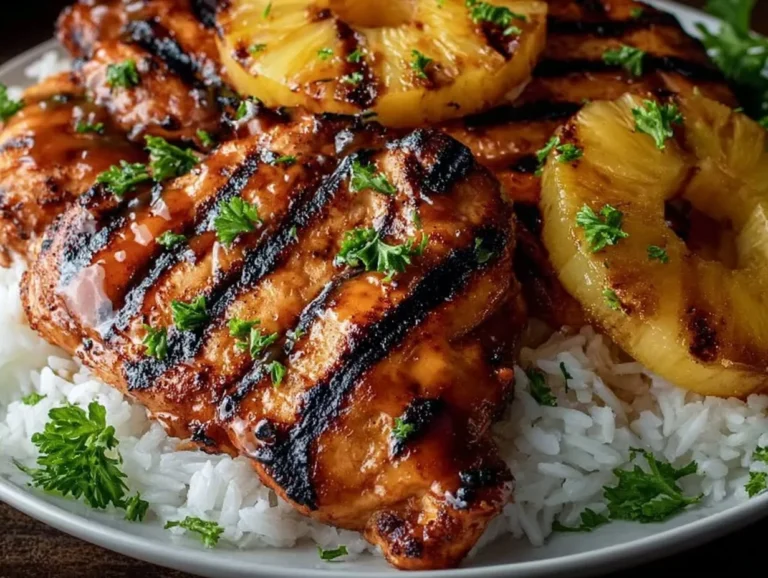 Tropical Chicken served with Coconut Rice and Grilled Pineapple on a plate