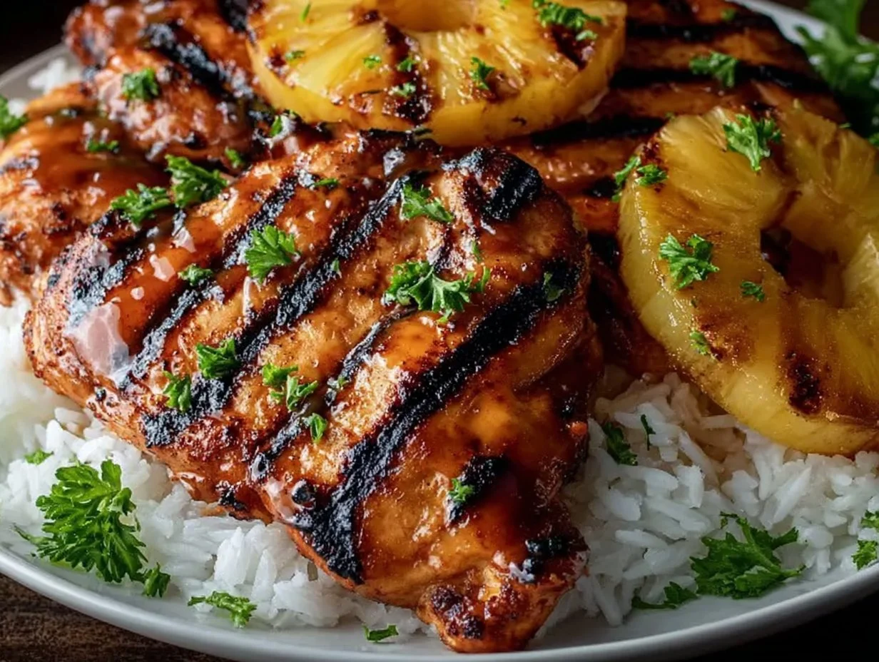 Tropical Chicken served with Coconut Rice and Grilled Pineapple on a plate