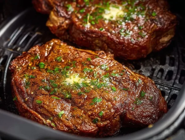 Juicy air fryer ribeye steak cooked to perfection with seasonings