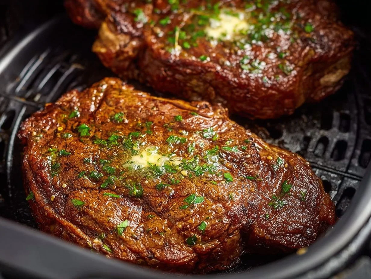 Juicy air fryer ribeye steak cooked to perfection with seasonings