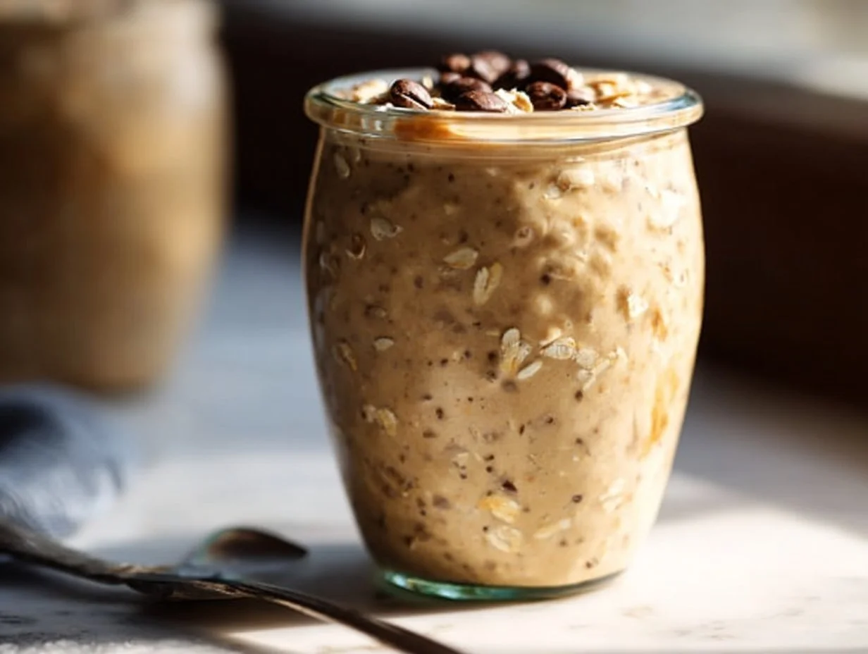 Bowl of Vanilla Cold Brew Overnight Oats topped with fresh fruit and nuts