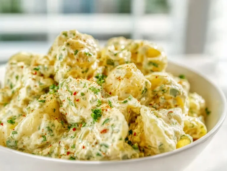 Vegan Potato Salad topped with fresh herbs and spices in a bowl.