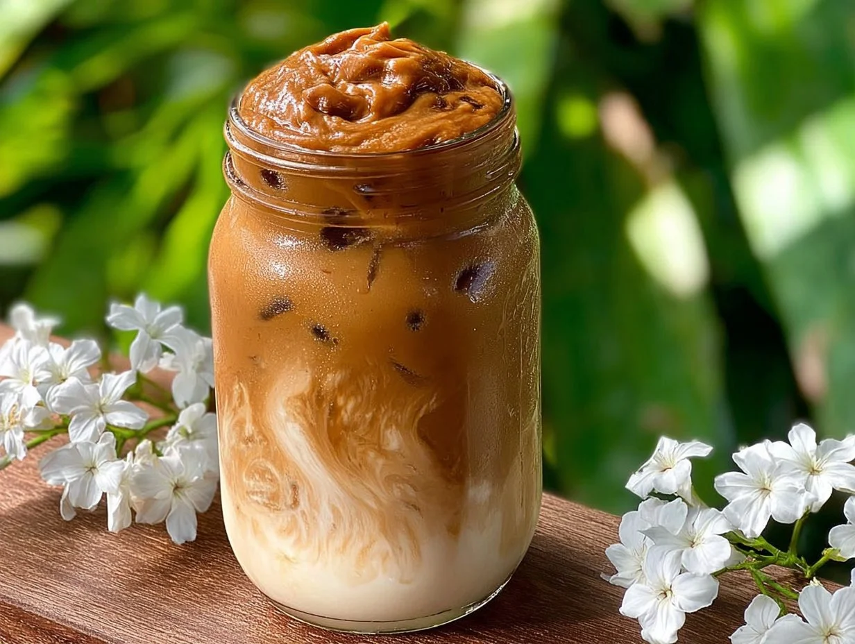 Delicious whipped coffee (Dalgona coffee) topped with froth in a glass.