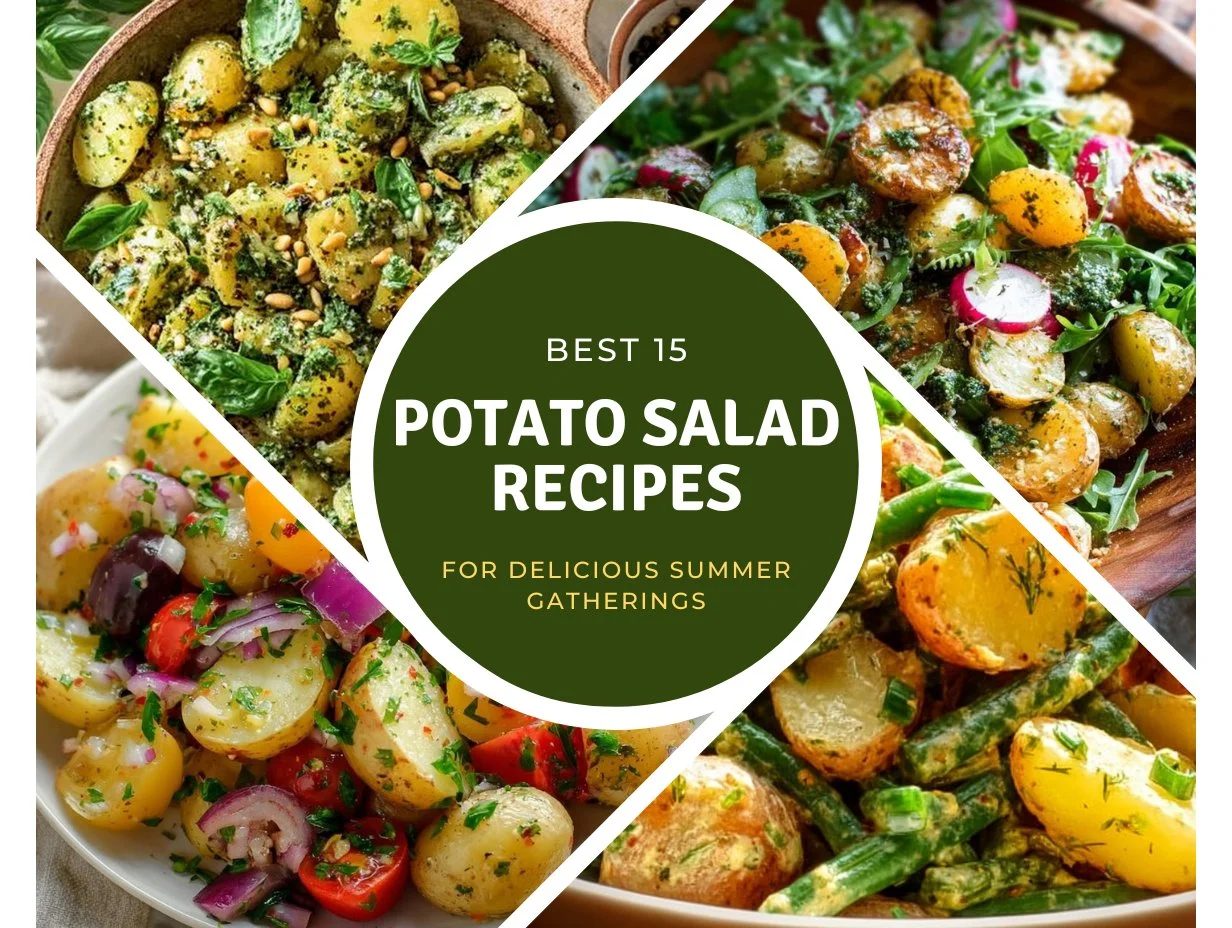A vibrant bowl of potato salad with fresh herbs and vegetables for summer gatherings