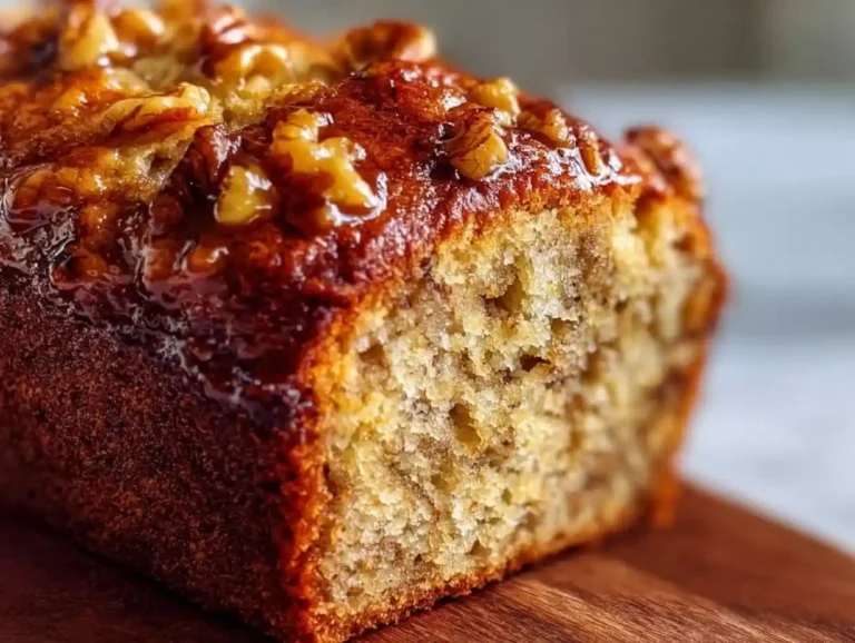 Delicious easy brown butter banana bread with walnuts served on a wooden table