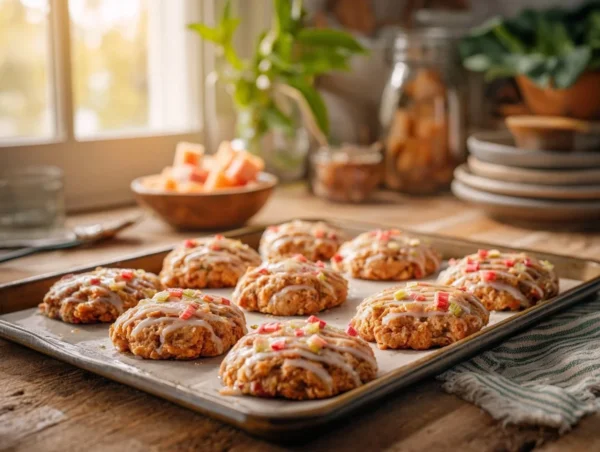 Baked rhubarb fritters served on a plate with fresh rhubarb garnish