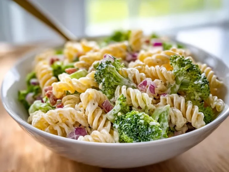 A vibrant bowl of broccoli pasta salad with colorful vegetables and dressing