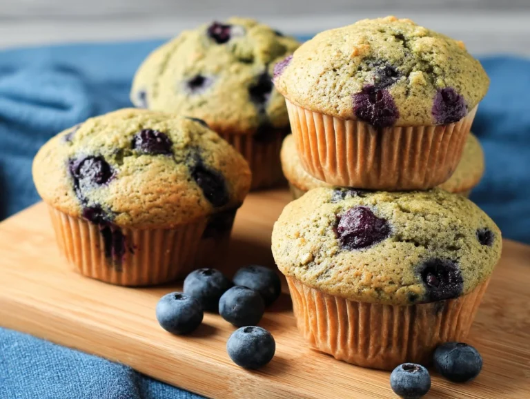 Freshly baked blueberry matcha muffins on a wooden table.