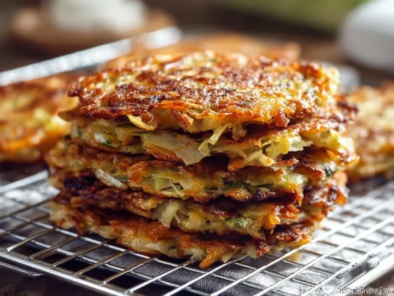 Golden brown cabbage fritters served on a plate with dipping sauce.