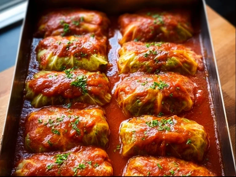 Cabbage Rolls: A Hearty and Flavorful Dish to Delight Your Taste Buds Homemade cabbage rolls stuffed with savory meat and rice, topped with tomato sauce.