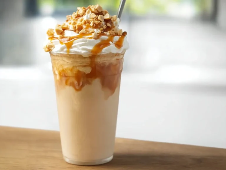 Delicious Caramel Ribbon Crunch Frappuccino with caramel drizzle and whipped cream.