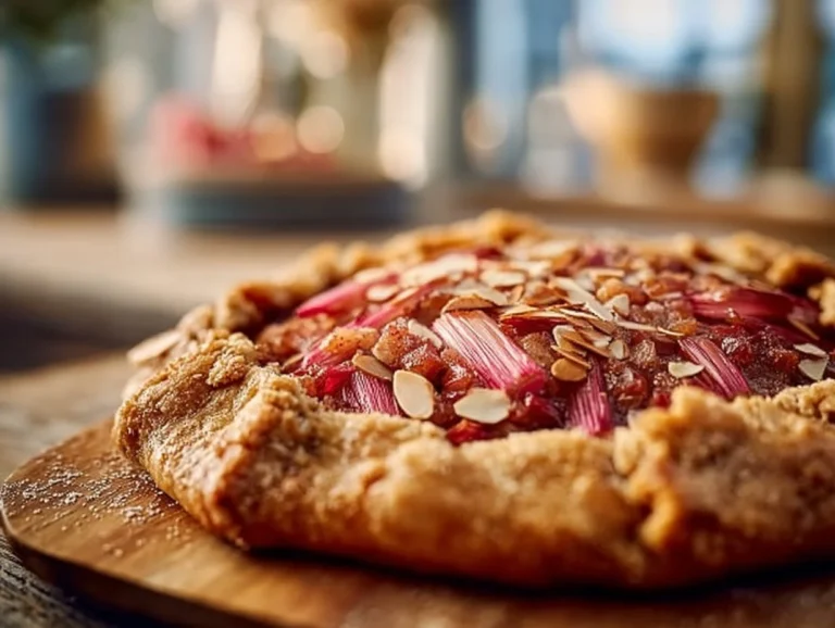Classic rhubarb almond galette with a golden crust and fresh rhubarb filling.