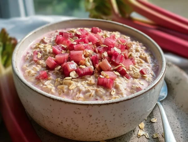 Bowl of creamy rhubarb overnight oats topped with fresh fruit.