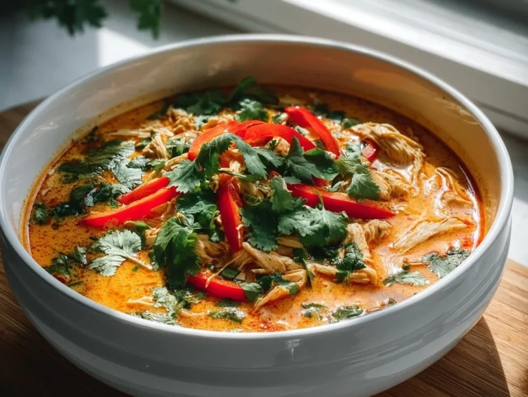 Bowl of Crockpot Thai Coconut Chicken Soup with fresh herbs and spices