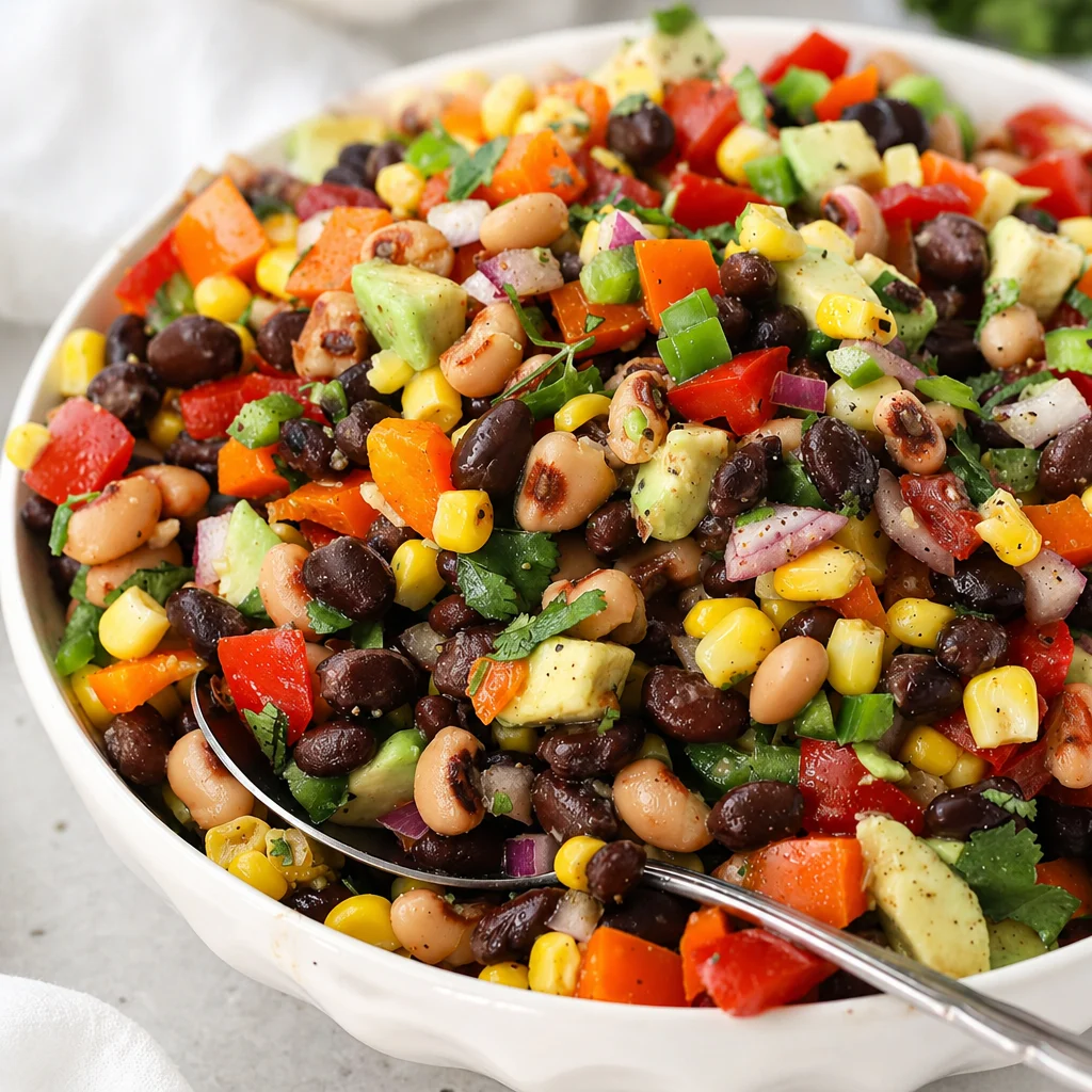 Avocado Cowboy Caviar with Lime Dressing featuring beans, corn, and fresh vegetables.