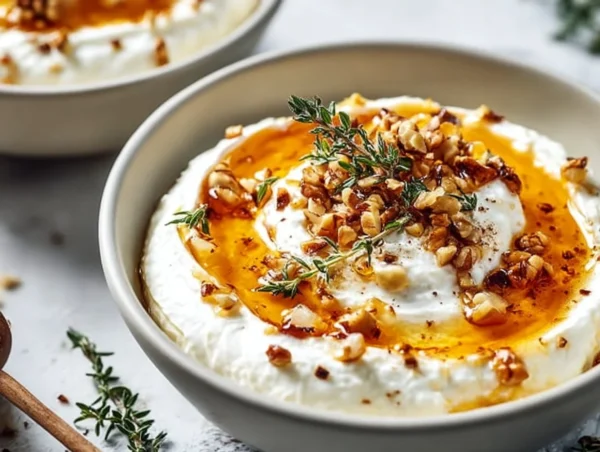 Delicious ricotta dip drizzled with hot honey, served in a bowl.