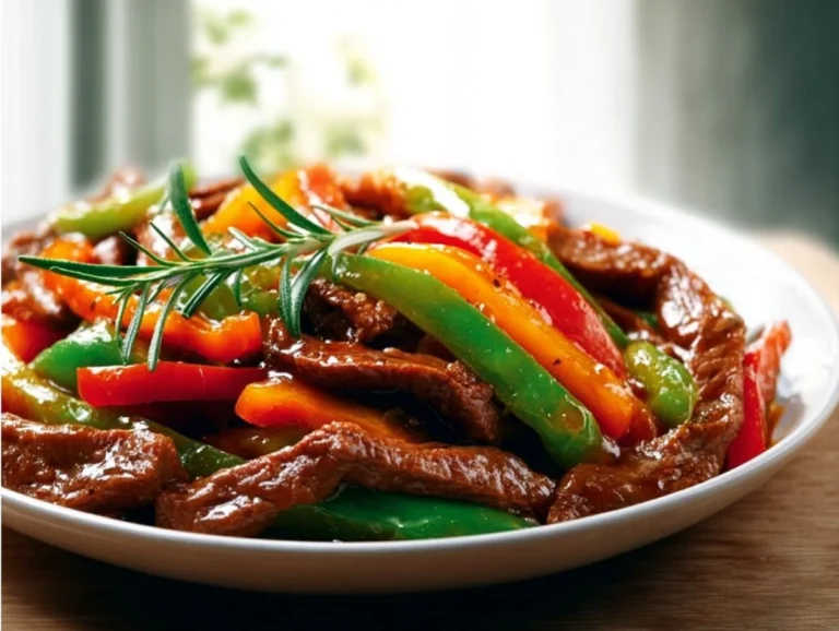 Easy Pepper Steak: A Quick and Flavorful Delight A plate of easy pepper steak with colorful bell peppers and onions
