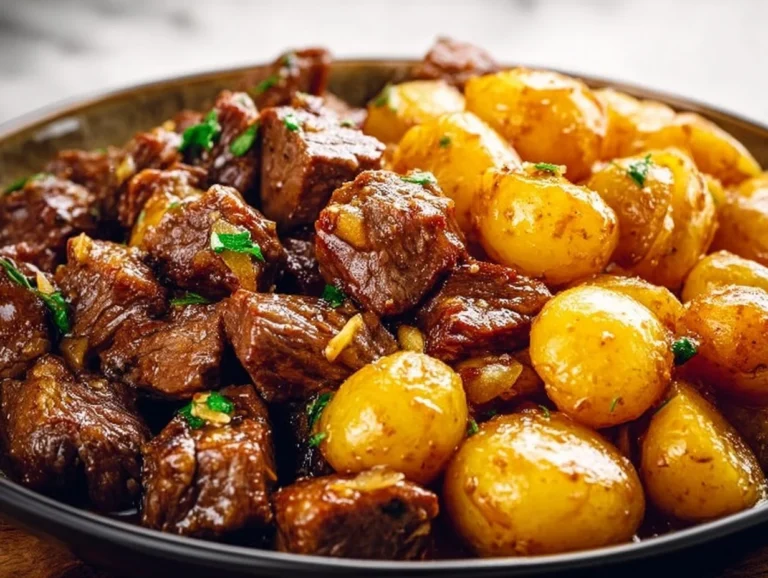 Juicy Garlic Butter Beef Bites served with crispy potatoes