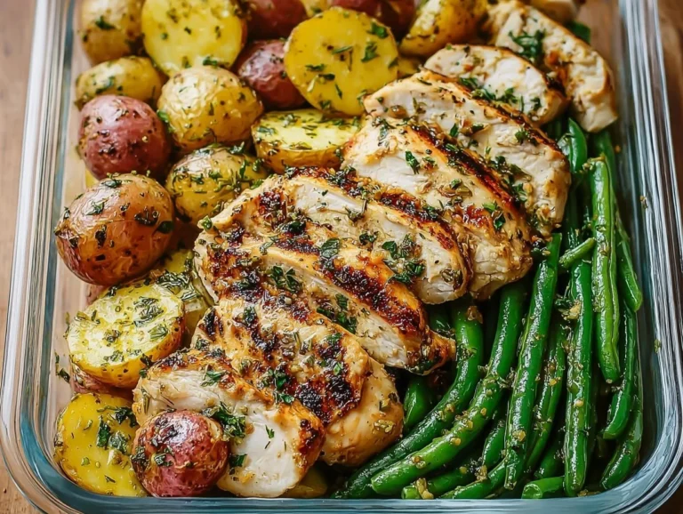Healthy lemon garlic chicken meal prep bowl with vegetables and grains