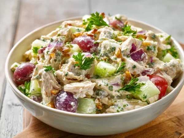 High protein chicken salad with veggies in a bowl