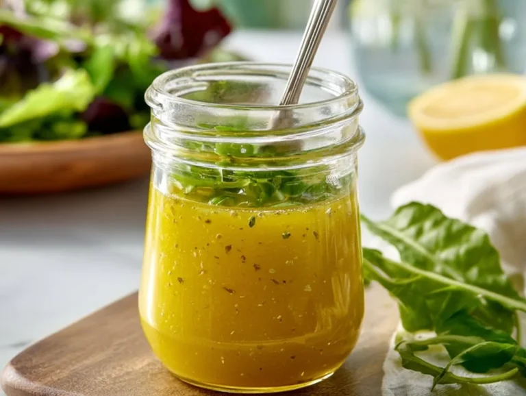 Bottle of homemade lemon vinaigrette dressing on a wooden table