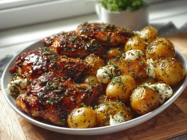Honey BBQ Chicken Potatoes – A Simple and Flavorful Dish for Family Nights Honey BBQ Chicken Potatoes on a plate, drizzled with honey BBQ sauce.
