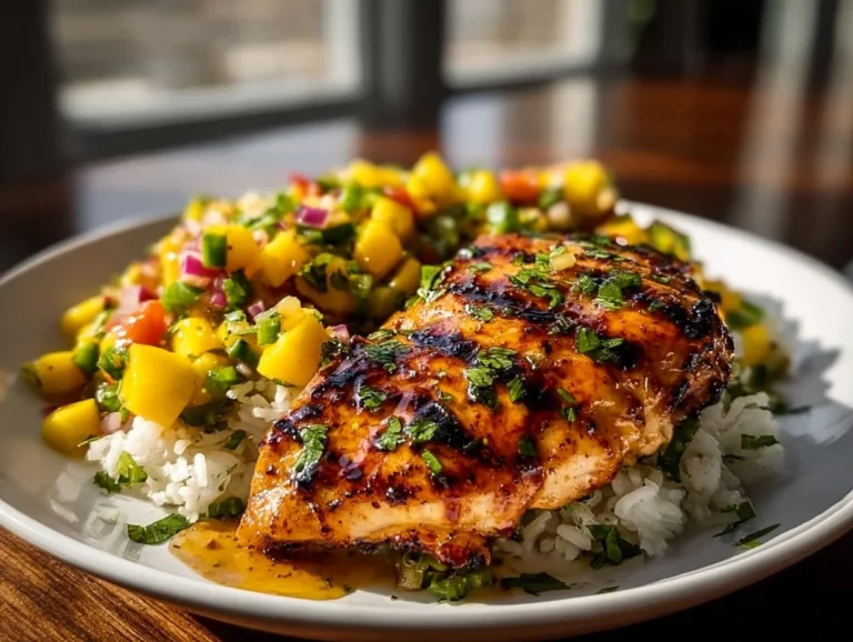 Grilled Honey Lime Chicken topped with fresh Mango Salsa