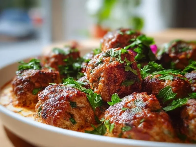 Plate of juicy Köfte, traditional Turkish meatballs garnished with herbs.
